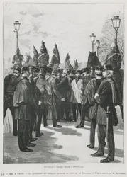 Die Delegation der Gewerkschaften an der Pont de la Concorde während der Demonstration zum 1. Mai in Paris, 1. Mai 1890, graviert von L. Moulignie