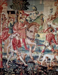 Der Aufbruch des verlorenen Sohnes. Wandteppich aus Wolle und Seide, um 1520 in Tournai gefertigt. Paris, Nationalmuseum des Mittelalters, Thermes de Cluny