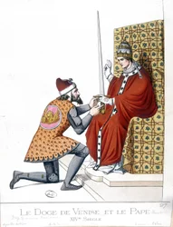 Der Doge von Venedig und der Papst im 14. Jahrhundert - Gravur