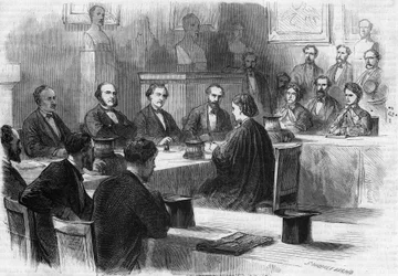 Die Engländerin Elizabeth Garrett Anderson (1836-1917) präsentierte ihre These vor der Jury der Medizinischen Fakultät von Paris im Jahr 1870. Sie wurde die erste Ärztin. Gravur von Godefroy Durand in „The Illustrous World“ Nr. 689 vom 25. Juni
