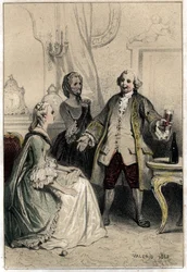 Der englische Komiker David Garrick (1717-1779), verkleidet als Kutscher, stürmt in eine Herzogin, die ihn begehrt, um sie zur Vernunft zu bringen und von der Absurdität ihrer Liebe zu ihm zu überzeugen. Platte aus „Scenes de la vie des hommes famous“ Grav