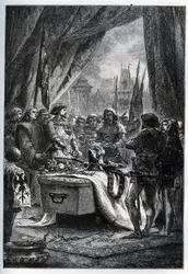 Der englische Gouverneur von Châteauneuf-de-Randon (Châteauneuf-de-Randon, Auvergne) ergab sich und legte die Schlüssel der Stadt auf den Sarg von Bertrand du Guesclin (1320-1380), am 13. Juli 1380, vor dem die Stadt belagert wurde. Der Konnetabel starb
