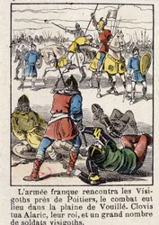 Die französische Armee traf die Westgoten in der Nähe von Poitiers, der Kampf fand in der Ebene von Vouillé statt. Clovis tötete Alarich, ihren König, und eine große Anzahl westgotischer Soldaten, im Jahr 507.