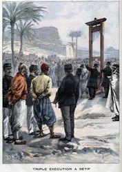 Die französische Guillotine drei Rebellen in Setif in Algerien - in „Le Petit Parisien“