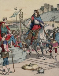 Der gallische Anführer Vercingetorix (72-46 v. Chr.) ergibt sich nach der Schlacht von Alesia im Jahr 52 v. Chr. dem römischen Anführer Julius Cäsar (100-44 v. Chr.)
