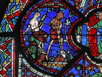 Das Fenster des barmherzigen Samariters: Gott verurteilt Adam und Eva zur Arbeit