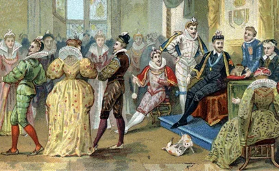 Der König von Frankreich Heinrich III. (1551-1589) umgeben von seinen Günstlingen. Chromolithographie Ende des 19. Jahrhunderts