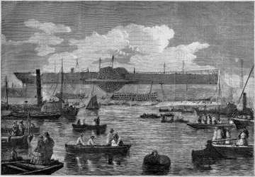 Der „Leviathan“ (Great Eastern), der erste Riesenliner, während seines Versuchsstarts im Jahr 1857. Gravur in „Le Monde Illustré“ Nr. 31 vom 14. November 1857.