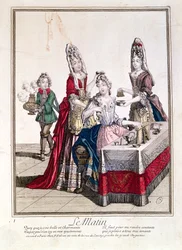 Der Morgen, Dame bei ihrer Toilette, 2. Hälfte des 17. Jahrhunderts (Farbgravur)
