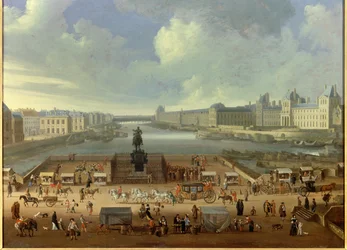 Der Pont Neuf, gesehen vom Eingang zur Place Dauphine, der Quai Malaquais, das Collège des Quatre-Nations, die Grande Galerie und der Louvre. Anonymes Gemälde