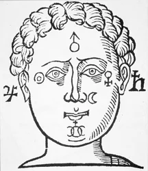 Die Position der Planeten im menschlichen Kopf, Kopie einer Illustration aus Oeures von John Belot, Lyon 1649, verwendet in einer Geschichte der Magie, veröffentlicht im späten 19. Jahrhundert