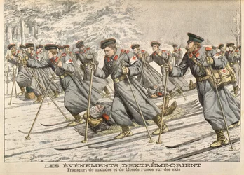 Das Rote Kreuz transportiert verletzte Russen auf Skiern während des Russisch-Japanischen Krieges (1904-05) aus Le Petit Journal, um 1904