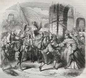 Die Rückkehr von Gonesse, Episode der Fronde: die „Dame von Paris“ begrüßt die „Dame von Aubervilliers“ und die „Nouricier Gonesse“, die gekommen sind, um sie zu versorgen. Gravur frondeuse 1649 - Gravur in „Paris a travers les siecles“ von H. Gourdon de G