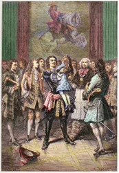 Der russische Zar Peter I. der Große (1672-1725) hält König Ludwig XV. 1717 in Versailles in seinen Armen