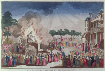 Die Statue des Atheismus wird zerstört und durch die Statue der Weisheit ersetzt, beim Fest des Höchsten Wesens, Jardin National des Decorations, Paris, 8. Juli 1794