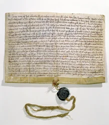 Die Statuten der Universität Paris, ausgearbeitet und erlassen von Kardinal Robert de Courson, päpstlichem Legaten, im August 1215 (Pergament und Wachs)