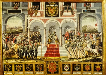 Der Vertrag von Cateau-Cambrésis und die Umarmung von Henri II. von Frankreich und Philipp II. von Spanien, 2.-3. April 1559