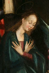 Die Jungfrau, Detail der Geburt Christi. Triptychon von Aubery