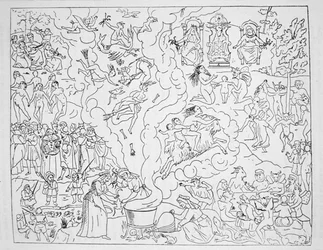 Der Hexensabbat, Kopie einer Illustration aus Tableau de linconstance des mauvais anges von Pierre de Lancre, Paris 1612, verwendet in einer Geschichte der Magie, veröffentlicht Ende des 19. Jahrhunderts