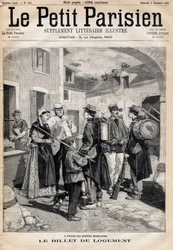 Der Unterkunftsschein, der ein Bett und eine Kerze berechtigt, wird den Soldaten nach ihren Übungen und großen Manövern verteilt. In der Zeitung „Le Petit Parisien“ am 03.09.1893 (Gravur)