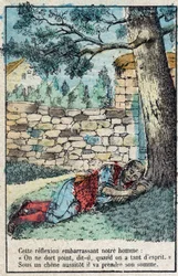 Die Eichel und der Kürbis. Fabeln von Jean de La Fontaine (1621-95). Epinal-Bild Ende des 19. Jahrhunderts.