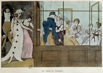 Der Terminladen: das Serail im Laden Ein Bordell im Palais Royal in Paris. Lithographie aus dem frühen 18. Jahrhundert Paris, dekorative Künste