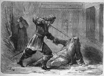 Die Ermordung des Marquis Gianrinaldo Monaldeschi, Liebhaber von Königin Christina von Schweden (1626-1689) - Die Ermordung des Marquis Giovanni Monaldeschi im Jahr 1656, Favorit von Königin Christine von Schweden (1626-1689) im Schloss von Fontainebleau. 