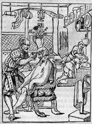 Der Friseursalon im 16. Jahrhundert, der Friseur kümmert sich um die Haare eines Kunden. In "Der malerische Laden" 1836
