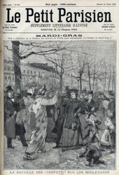 Die Schlacht der Konfetti auf dem Pariser Boulevard während des Karnevals (Mardi-Gras). Gravur in "Le petit Parisien"