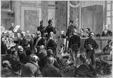 Der Aufruf der Zeugen während des Prozesses gegen Marschall Francois Achille Bazaine