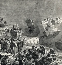 Die Eroberung von Jericho, während der die Israeliten ihre Trompeten unter den Stadtmauern ertönen lassen, deren Zugang ihnen verboten ist