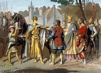 Die Gemeinde von Vézelay (1153): der Abt Pons, der Graf von Nevers und die Magistrate von Vézelay vor Ludwig VII. in Moret, nahe dem Wald von Fontainebleau, entscheiden über das Verschwinden der Gemeinde. Chromolithographie der Serie „Patriotische Erziehun