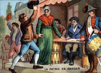 Das Land in Gefahr: "Die Freiwilligen von 92". Chromolithographie aus der Serie "Patriotische Erziehung durch Bild".