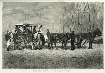 Der Kurs oder die Diligence auf dem Pferd der Prärien, Zeichnung von A. Dupuis zur Illustration der Geschichte eines Ausflugs nach Kanada und zum nördlichen Roten Fluss im Jahr 1873 von H. de Lamotte. Gravur in Le Tour du monde