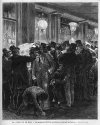 Die Krise vom 16. Mai 1877: Lesen der neuesten Nachrichten auf dem Boulevard des Italiens in Paris. Diese französische politische Krise ist das Ergebnis des Briefes von Mac Mahon (Mac-Mahon), der die Haltung des Ratspräsidenten Jules Simon kritisiert, der 