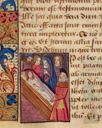 Die Grablegung Christi, Miniatur aus dem Stundenbuch (Gebrauch von Poitiers), lateinisch-französisches Manuskript, illustriert von einem Schüler von Robinet Testard, Manuskript 1097 Folio 80 verso, Frankreich Ende des 15. Jahrhunderts