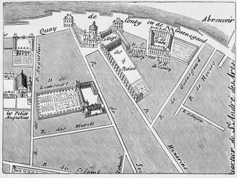 Das Viertel des Collège des Quatre-Nations (Vier Nationen) und das Hôtel de Conti, Faksimile des Plans von J. de la Caille
