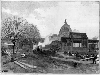 Die Erdarbeiten für die Installation des monumentalen Brunnens in Paris für die Weltausstellung von 1889