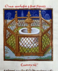Der umschlossene Garten und der Brunnen. Miniatur von Meister von Dreux-Budé aus „Speculum humanae salvationis“. Chantilly, Musée Condé