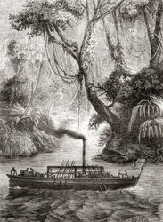 Der erste erfolgreiche Probelauf von John Fitchs Dampfschiff Perseverance auf dem Delaware River, Amerika, 22. August