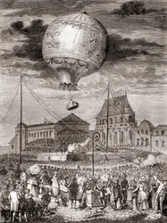 Der Flug des Aérostat Réveillon am 19. September 1783 durch die Montgolfier-Brüder in Versailles, Frankreich, vor König Ludwig XVI. von Frankreich und Königin Marie Antoinette, aus Les Merveilles de la Science, veröffentlicht um 1870 (Gravur)