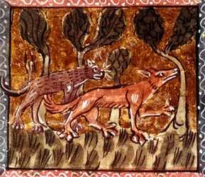 Der Fuchs und der Wolf, Illumination aus der Handschrift mit dem Titel Roman de Renart (Der Roman vom Fuchs), ca. 13. Jahrhundert