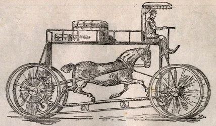 Das Hippocycle: Erfindung zur „Pferdeerhaltung“ als Transportmittel nach der Ankunft von Autos und Fahrrädern. Gravur in „Le Pelerin“ vom 9. August