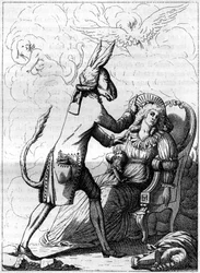 Der magische Finger, ein College ähnlich einer antiken Karikatur über Frans Anton Mesmer (1734-1815), einen deutschen Arzt, Begründer der Theorie des tierischen Magnetismus oder Mesmerismus. Gravur in „La Nature. Revue des sciences et de ses applications a