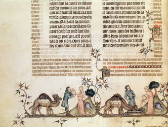 Das Treffen von Eliezer und Rebecca am Brunnen, aus der Bibel von Jean de Sy, ca. 1355
