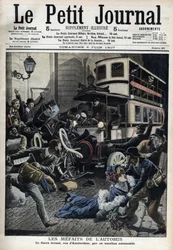 Die Missgeschicke des Busses: ein Fiaker wird von einem Bus in der Pariser Straße von Amsterdam überfahren - „Le Petit Journal“, Juni 1907 (Gravur)
