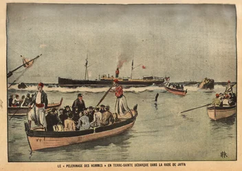 Die Pilgerfahrt der Männer ins Heilige Land von Jaffa (Israel). Gravur in "Le Pèlerin" 8/09/1901. Sammlung Selva
