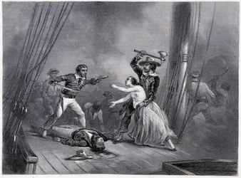 Der Pirat Morgan entführt die schöne Spanierin - in „Allgemeine Geschichte der Marine“ von E und V Penaud Brüdern