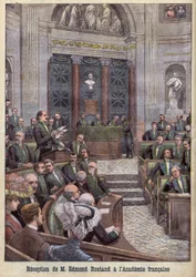 Der Dichter und Dramatiker Edmond Rostand wird in die Académie Française aufgenommen für „Le Petit Journal“