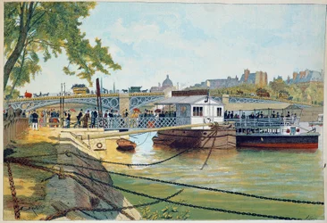 Der Ponton der Boote von Suresnes an der Brücke der Heiligen Väter. Gravur des 19. Jahrhunderts. Paris, Kunstgewerbemuseum
